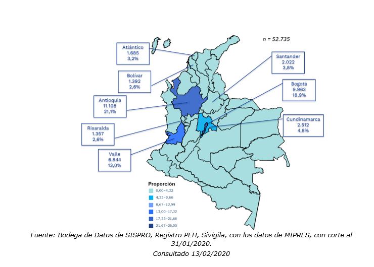 Proporción de la ubicación geográfica de los casos reportados de enfermedades huérfanas por lugar de residencia Colombia 2013 2020