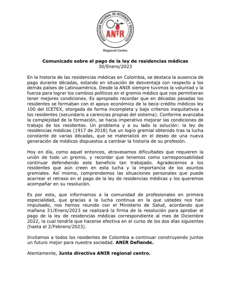 comunicado ANIR PAGO RESIDENTES 2