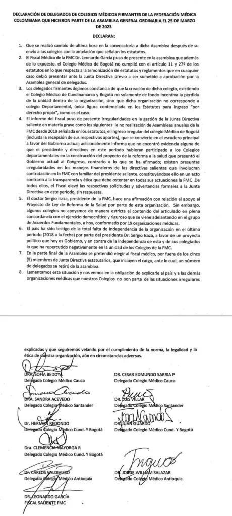 Irregularidades al interior de la Federación Médica Colombiana 1 Comunicado FMC