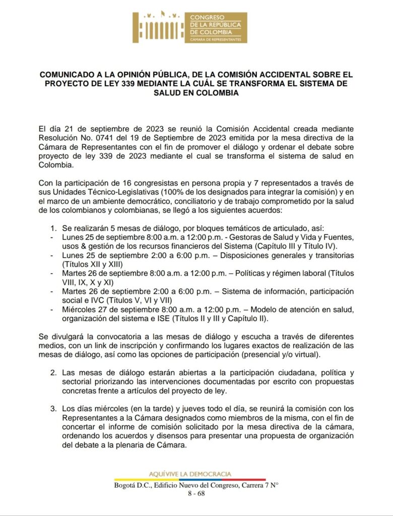 Cronograma mesas de dialogo comision accidental reforma a la salud