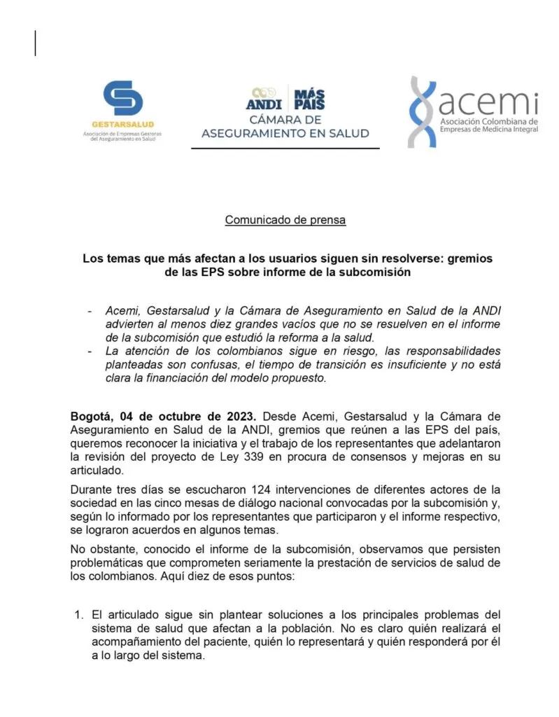 Atención de los Colombianos sigue en Riesgo - Preocupación en el sector por 10 vacíos en torno a la reforma a la salud 1 Comunicado gremios 1