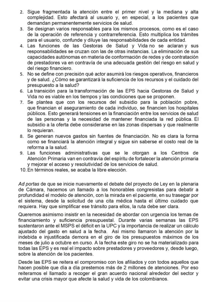 Atención de los Colombianos sigue en Riesgo - Preocupación en el sector por 10 vacíos en torno a la reforma a la salud 2 Comunicado gremios 2
