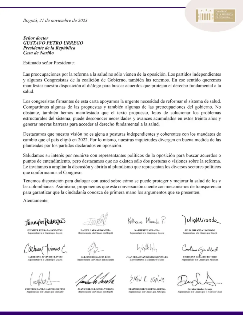 carta abierta por reforma a la salud representantes
