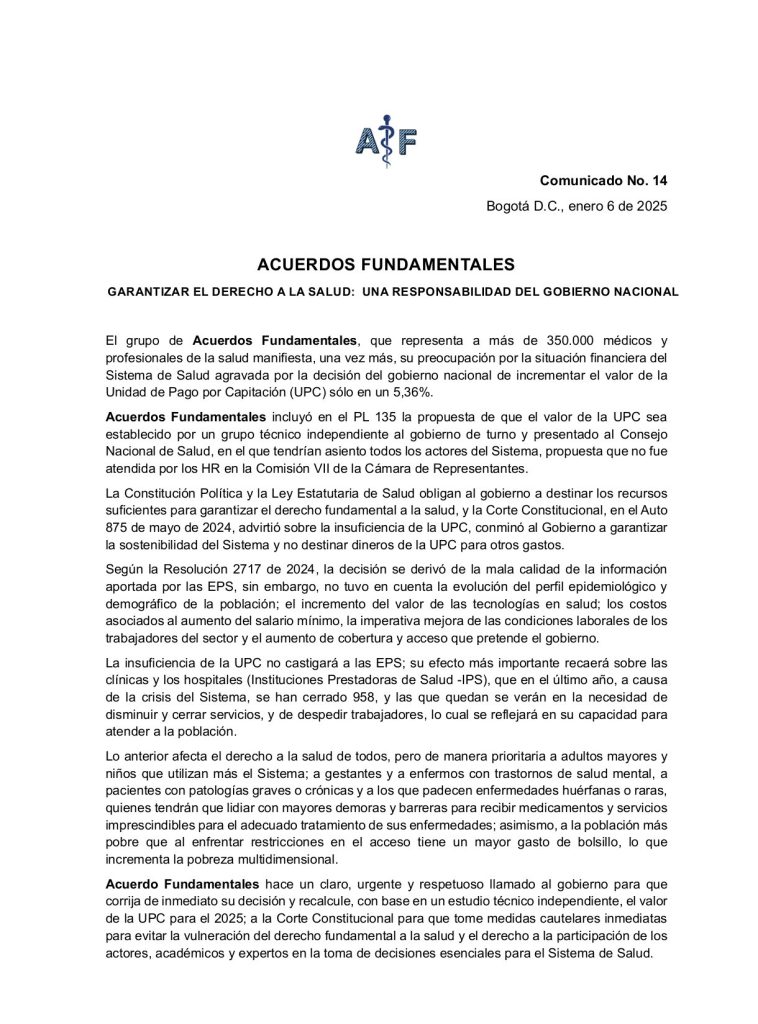 "Insuficiencia de la UPC recaerá sobre las clínicas y hospitales": Acuerdos Fundamentales 1 COMUNICADO ACUERDOS FUNDAMENTALES 1