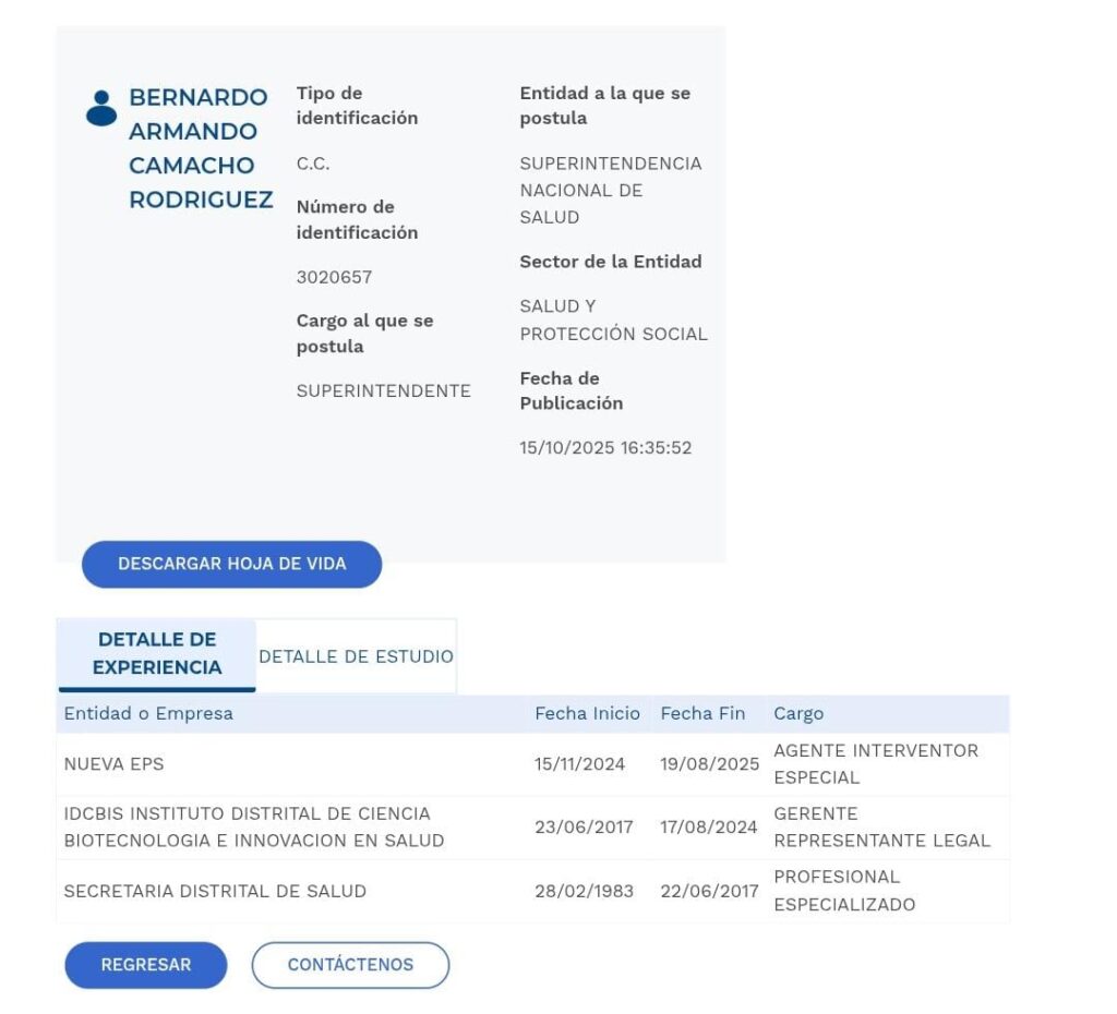 Bernardo Camacho, exagente interventor de la Nueva EPS, sería el nuevo Superintendente de Salud: Presidencia publicó su hoja de vida 1 WhatsApp Image 2025 10 15 at 7.10.47 PM