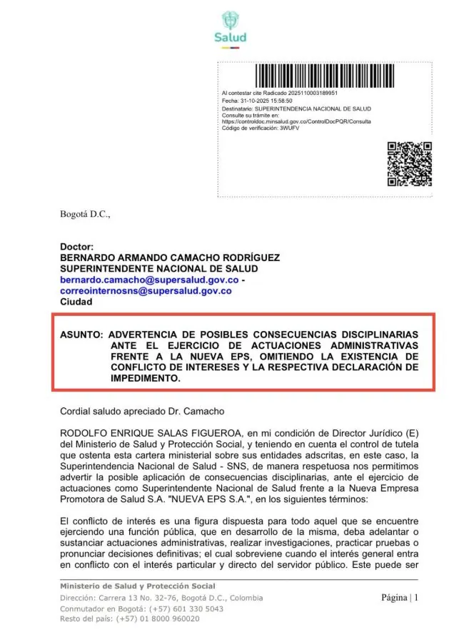 Minsalud advierte "causal de impedimento" del Superintendente de Salud frente a Nueva EPS: ¿qué procedimiento ordena para garantizar la imparcialidad? 1 Minsalud 11