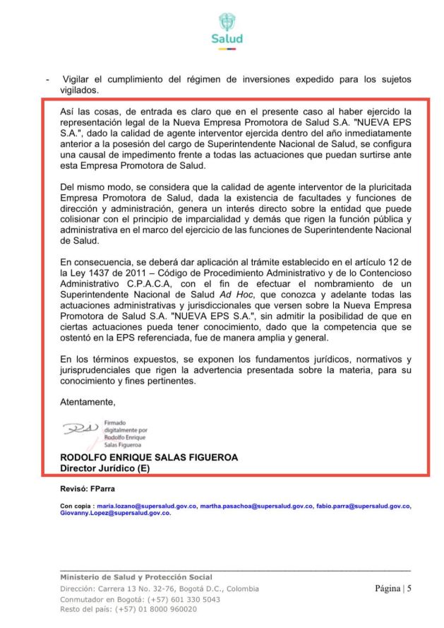 Minsalud advierte "causal de impedimento" del Superintendente de Salud frente a Nueva EPS: ¿qué procedimiento ordena para garantizar la imparcialidad? 2 Minsalud 22