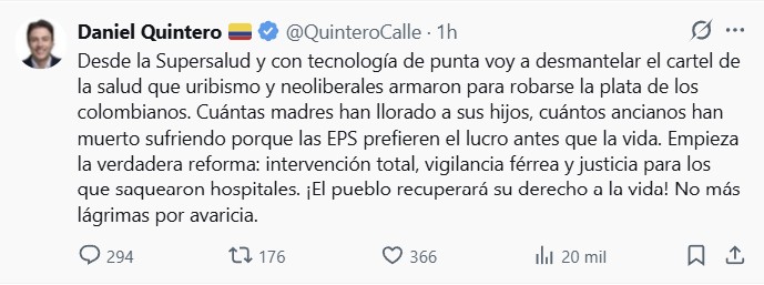 Anuncio de Daniel Quintero en su cuenta de X