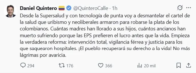 Anuncio de Daniel Quintero en su cuenta de X