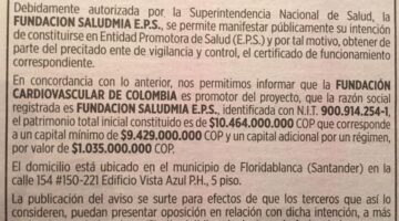 SALUDMIA EPS pide pista desde Floridablanca